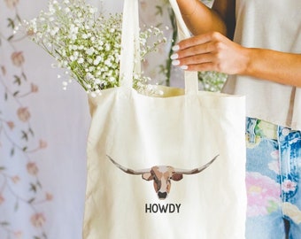 Western Tote Bag, Howdy Tote Bag, Longhorn Bag, Texas Tote Bag, Cow Bag, Cowboy Tote Bag, Southern Tote Bag, Cowgirl Bag