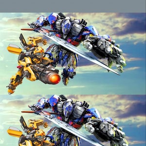 May include: Image features two Transformers characters, Optimus Prime and Bumblebee, in a dynamic pose against a cloudy sky. Optimus Prime wields a large sword. The text "Name Grade" is at the top.