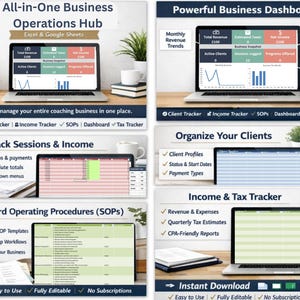 Puede incluir: Un centro de operaciones comerciales digital en portátiles y tabletas. Incluye seguimiento de clientes, ingresos, procedimientos operativos estándar, paneles y seguimiento de impuestos. El texto incluye "All-in-One Business Operations Hub" y "Instant Download".