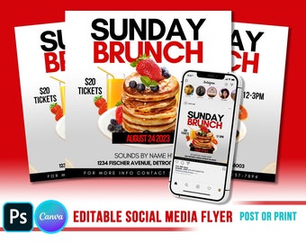 May include: A flyer for a Sunday brunch event on August 24, 2023. The flyer features a stack of pancakes with blueberries and strawberries, a glass of orange juice, and the text "Sunday Brunch" in red and black. The flyer also includes the address "1234 Fischer Avenue, Detroit" and the text "Sounds by Name Hi".