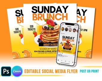 May include: A promotional flyer for a Sunday brunch event. The design features a stack of pancakes topped with berries, a glass of juice, and the text "SUNDAY BRUNCH." A smartphone displays the flyer on an Instagram post. The flyer is available for print or digital use.