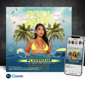 May include: Pool party flyer with a woman in a yellow bikini in a pool with palm trees and blue sky. The flyer says "Pool Party" and "Sounds by DJNAMEHERE".