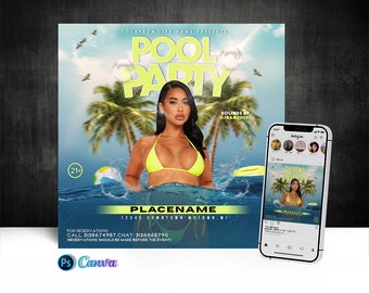 May include: Pool party flyer with a woman in a yellow bikini in a pool with palm trees and blue sky. The flyer says "Pool Party" and "Sounds by DJNAMEHERE".