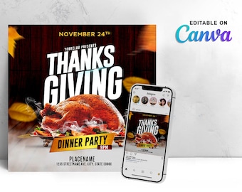 May include: A Thanksgiving dinner party invitation with a roasted turkey, a golden plate, and fall leaves. The text reads "November 24th, Yourclub Presents, Thanks Giving, Dinner Party, 9PM, Placename, 1235 Streetname Ave. City, State 00000".