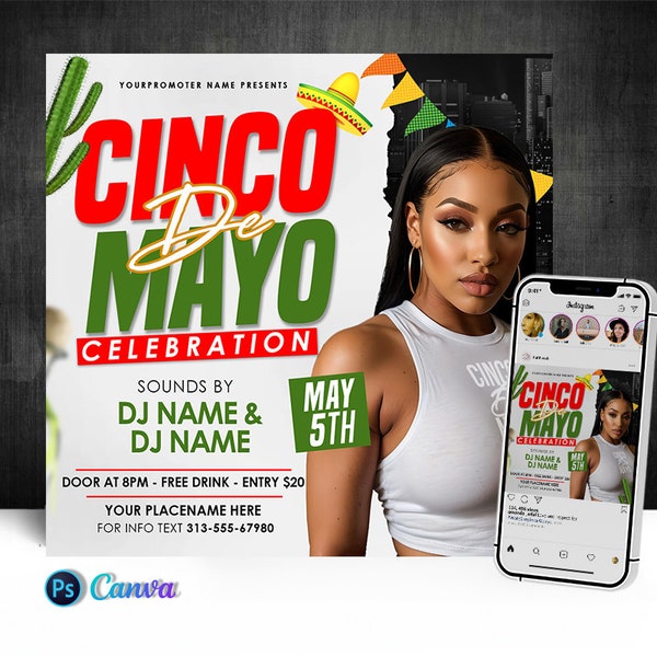 Cinco de Mayo Invitation, Social Media Flyer, Editable Canva, Photoshop Template