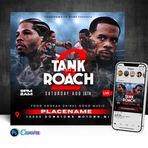 Peut inclure: Affiche promotionnelle pour un match de boxe avec le texte "TANK vs ROACH 2" et des images de boxeurs. L'affiche comprend les détails de l'événement : samedi 16 août, 21h et 2h, et des informations sur le lieu. Un smartphone affiche la même affiche.