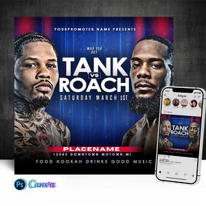 Peut inclure: Affiche promotionnelle pour un match de boxe Tank contre Roach. L'affiche présente des images des boxeurs, le texte "TANK vs ROACH" et la date "SATURDAY MARCH 1ST". Un smartphone affiche la même affiche sur son écran.