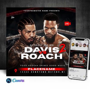 Könnte beinhalten: Werbeplakat für einen Boxkampf, "Davis vs Roach 2", mit zwei Männern in einem Boxring. Das Plakat enthält Veranstaltungsdetails, Datum und Ort sowie ein Smartphone, das einen zugehörigen Social-Media-Beitrag anzeigt.