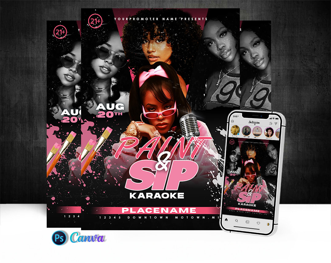Paint And Sip Party Flyer, Edit On Cava And Photoshop