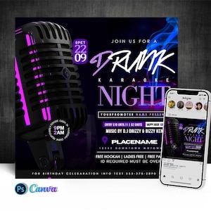 Op de afbeelding: Een promotieposter voor een "Drunk Karaoke Night" evenement. Het ontwerp toont een grote, gestileerde microfoon met paarse neonaccenten. De poster bevat evenementdetails zoals datum, tijd, locatie en speciale aanbiedingen, samen met een smartphone met hetzelfde ontwerp.