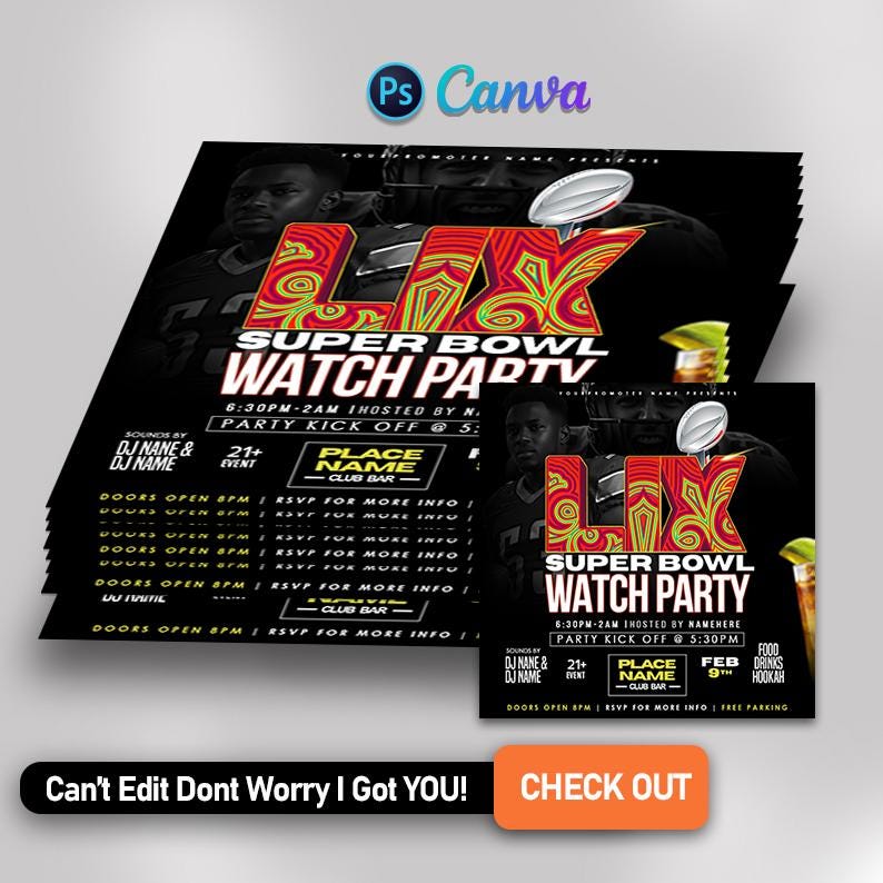 Super Bowl 2025 Watch Party Flyer, Edit on Cava and Etsy