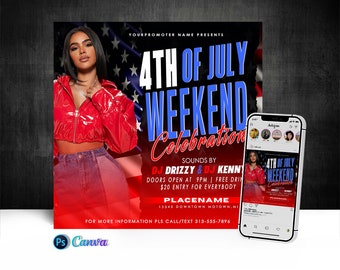May include: A flyer for a 4th of July weekend celebration featuring DJ Drizzzy and DJ Kenny. The flyer has a red, white, and blue color scheme with a woman in a red jacket and blue jeans. The text on the flyer reads "4th of July Weekend Celebration" and "Sounds by DJ Drizzzy & DJ Kenny".