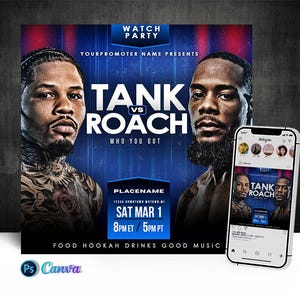 Peut inclure: Affiche promotionnelle pour un match de boxe Tank contre Roach. L'affiche présente des images des deux boxeurs, le texte "TANK vs ROACH" et les détails de l'événement, date, heure et lieu. Un smartphone affiche la même affiche.