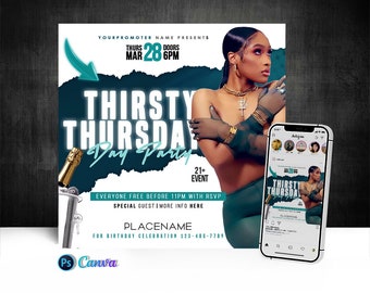 May include: A flyer for a "Thirsty Thursday" day party on 28th March at 6pm. The flyer features a woman in a green outfit and a bottle of champagne. The text on the flyer says "Everyone free before 11pm with RSVP" and "Special Guest | More Info Here".