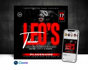 Puede incluir: Un folleto negro y rojo con el texto "Leo's Takeover" en rojo. El folleto anuncia una fiesta el domingo 17 de agosto, con el texto "Ladies Free Before 11pm with RSVP" y "9pm-2am | Sounds by DJ Kendrick". El folleto también incluye el texto "PLACENAME 12345 Downtown Motown, MI".