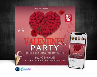 Valentines Invitation, Party Flyer Editable Canva, Photoshop Template