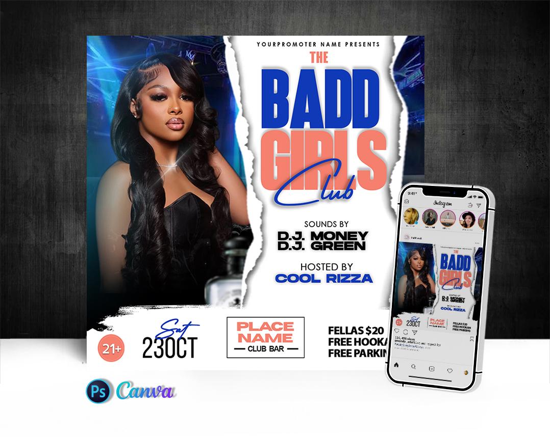 Badd Girls Club Party Flyer, Editable On Cava And Photoshop