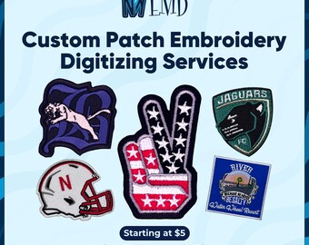 May include: Image showcasing custom patch embroidery digitizing services. Features various embroidered patches, including a football helmet, a peace sign with stars and stripes, and a jaguar logo. The text reads "Custom Patch Embroidery Digitizing Services."