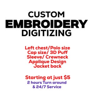 以下が含まれることがあります： 「CUSTOM EMBROIDERY DIGITIZING」と書かれた黒い文字が白地にあります。赤色の追加テキストには「左胸/ポロサイズ、キャップサイズ/3Dパフ、スリーブ/クルーネック、アップリケデザイン、ジャケットバック」と書かれています。