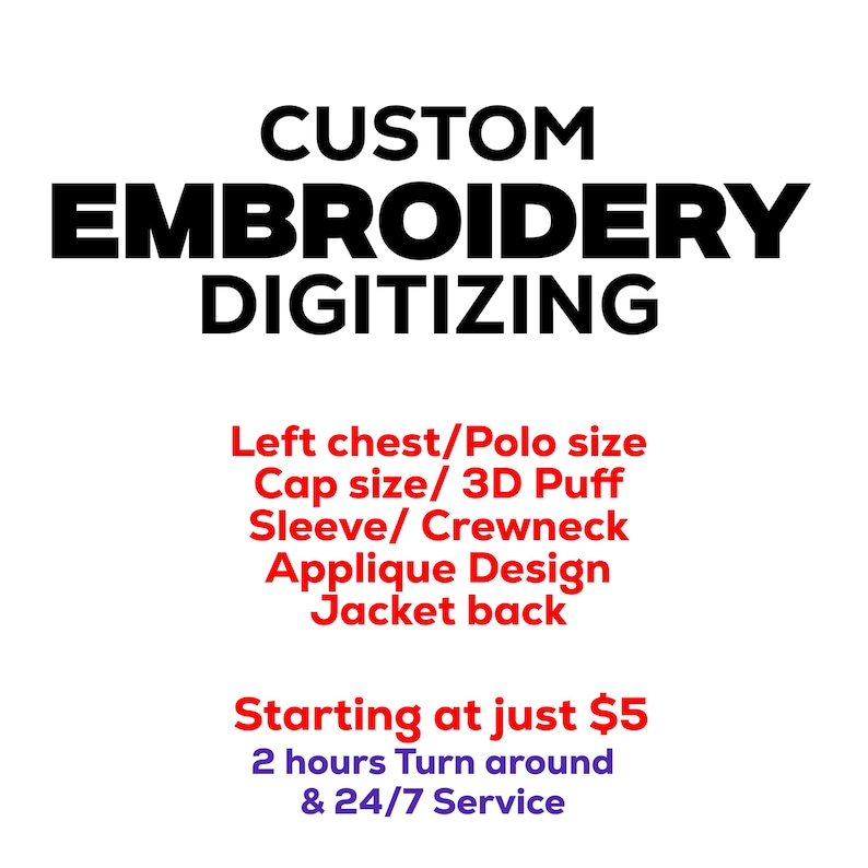 以下が含まれることがあります： 「CUSTOM EMBROIDERY DIGITIZING」と書かれた黒い文字が白地にあります。赤色の追加テキストには「左胸/ポロサイズ、キャップサイズ/3Dパフ、スリーブ/クルーネック、アップリケデザイン、ジャケットバック」と書かれています。