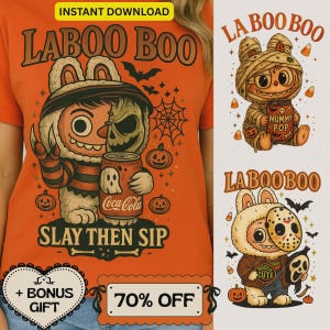 Halloween Labubu Print PNG | Kawaii Monster Doll PNG | Cute Labubu Halloween Decoration | Spooky Pink Cartoon Art for Crafting & Sublimation
