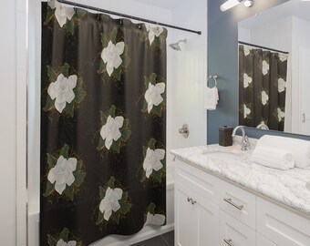 Schwarzer Duschvorhang mit südländischem Magnolien-Design