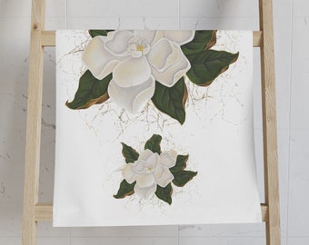 Essuie-mains blanc à motif magnolia du sud