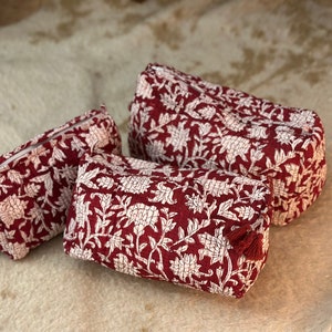 Set of 3 I Gift I Cotton I Quilted I Block Printed Handmade Toiletry Bag Cosmetic Bag Travel Accessory makeup pouch Maroon