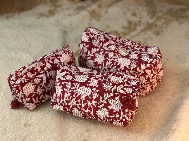 Set of 3 I Gift I Cotton I Quilted I Block Printed Handmade Toiletry Bag Cosmetic Bag Travel Accessory makeup pouch Maroon