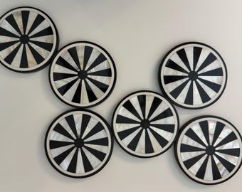 Mother of Pearl Coaster Set: Inlaid Wood, Felt Backing - 4 inch, different colours