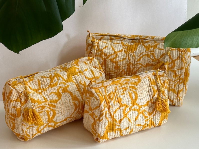Set of 3 I Gift I Cotton I Quilted I Block Printed Handmade Toiletry Bag Cosmetic Bag Travel Accessory makeup pouch Yellow