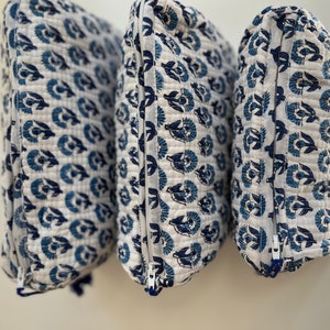 Set of 3 I Gift I Cotton I Quilted I Block Printed Handmade Toiletry Bag Cosmetic Bag Travel Accessory makeup pouch Blue flower