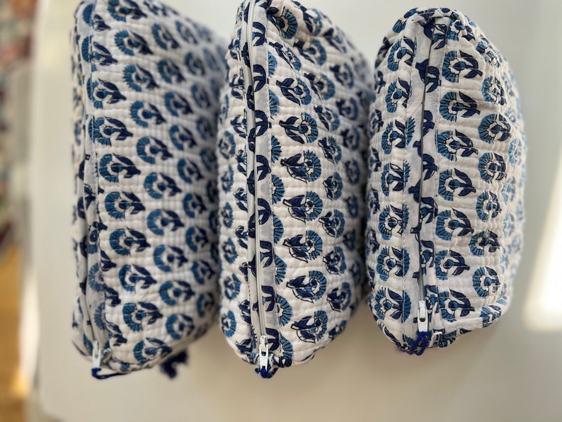 Set of 3 I Gift I Cotton I Quilted I Block Printed Handmade Toiletry Bag Cosmetic Bag Travel Accessory makeup pouch Blue flower