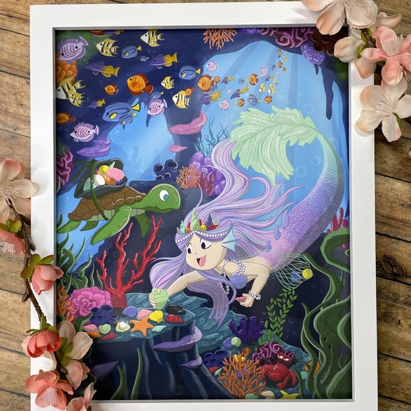 Pastel Cartoon Mermaid Art Print, Digital Art Wall Decor, Fantasy Art, Turtle seashell Illustration, Anime Style, Whimsical Underwater Art
