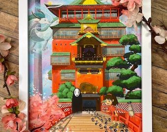 Spirited Away Bath House Art Print, Studio Ghibli Wall Decor, Anime Fan Art, Haku, Chihiro, No Face, Soot Sprites, Movie Wall Art