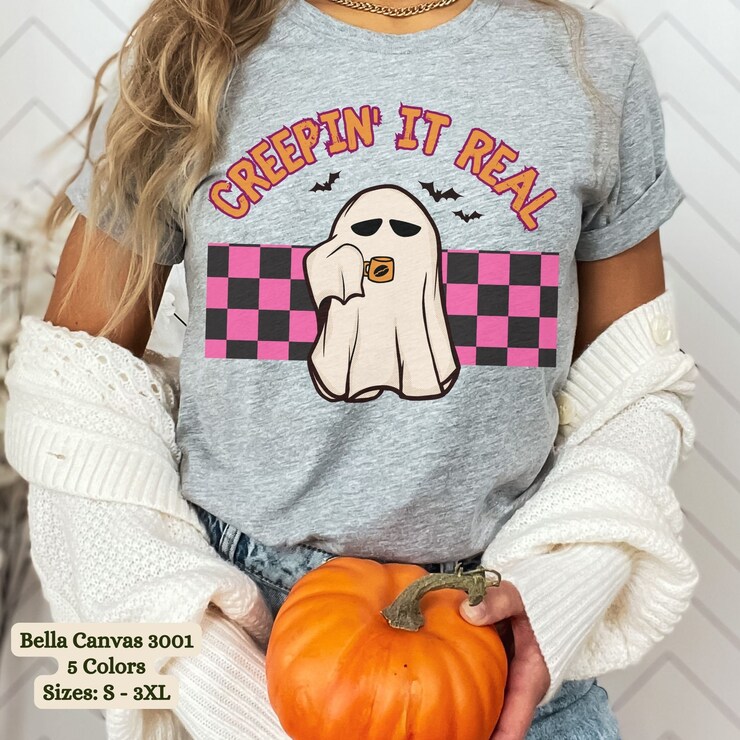 Retro Ghost Halloween Tshirt Creepin' It Real Shirt Ghost Drinking Coffee T-Shirt Vintage Hot Pink Checkerboard Tee Spooky Vibes Mom Gift