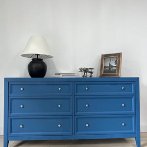 SOLD Refinished Vintage Blue Dresser – 6-Drawer Mid-Century Modern Storage Cabinet