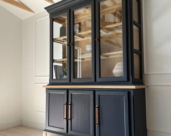 Large Refinished Lighted Hutch | Solid Wood Display Cabinet