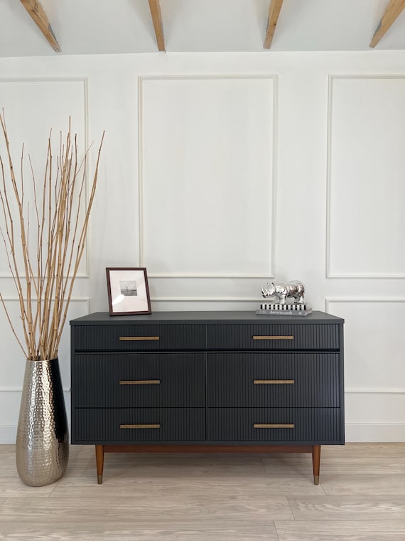 modern fluted dresser Dimitrios Oak a faux marble tabletop Davison 4-Drawer Fluted Warm Oak