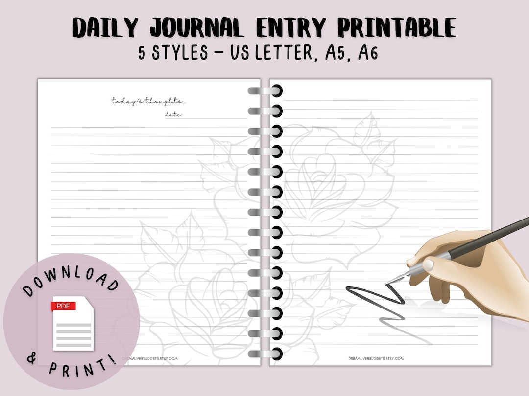 Daily Journal Entry Printable PDF Pages today's Etsy