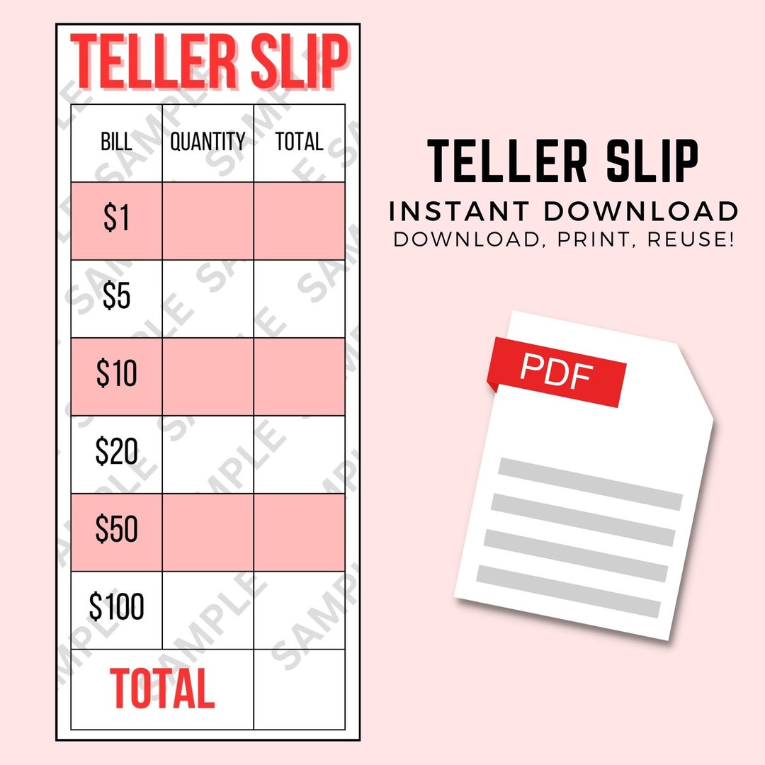 Cash Teller Slip for Bank Withdraws and Deposits Printable - Etsy
