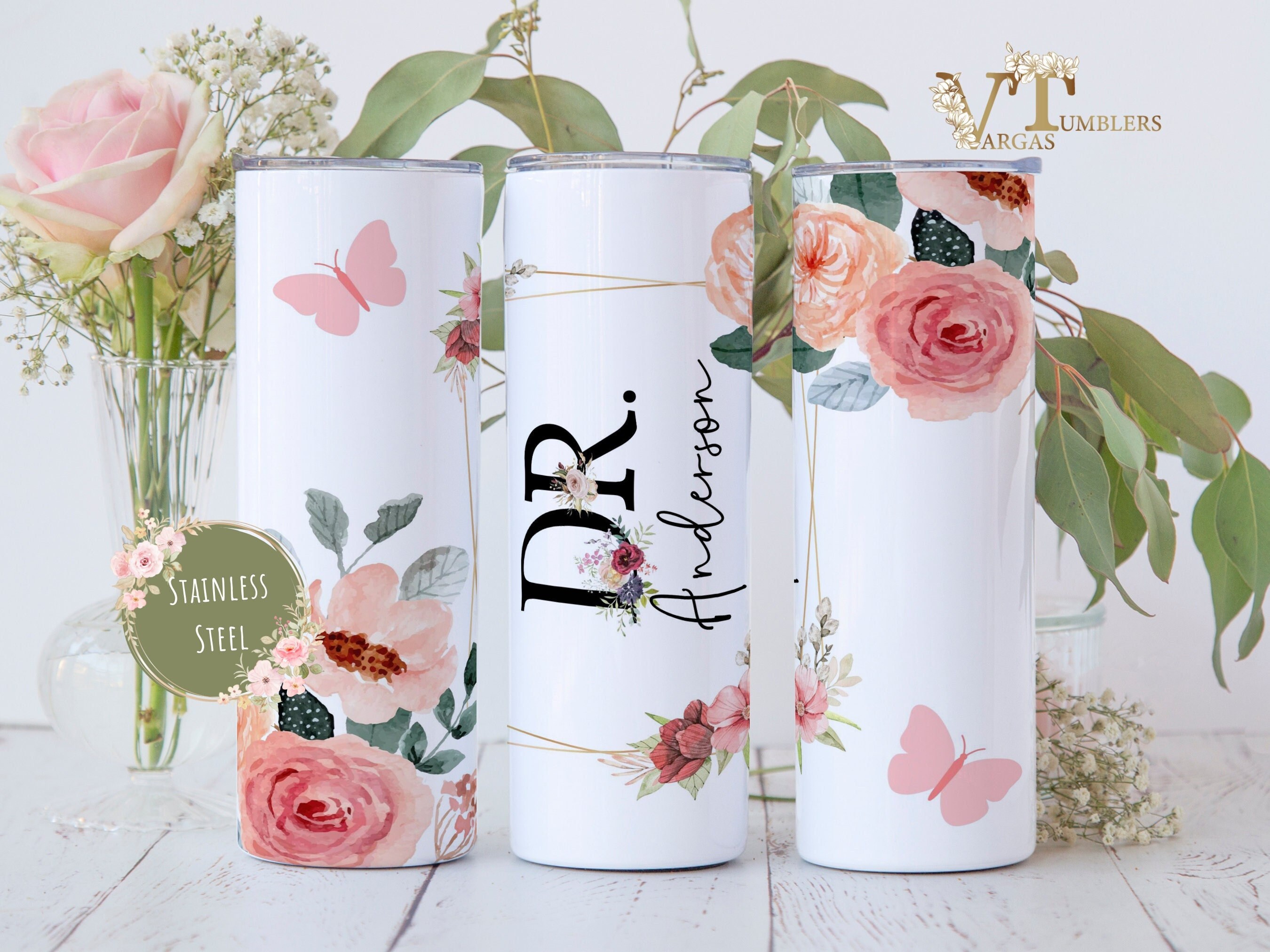 Personalized Doctor Floral Tumbler, 20oz Custom Doctor Tumbler For Her, Cute Personalized Doctors Gift, Medical School Doctor Graduation Cup