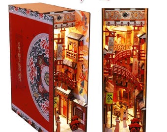 DIY Wooden Book Nook Kit, Japanese Cherry Blossom Town, Miniature Bookshelf Insert, Miniature Building, Home Decor Gift