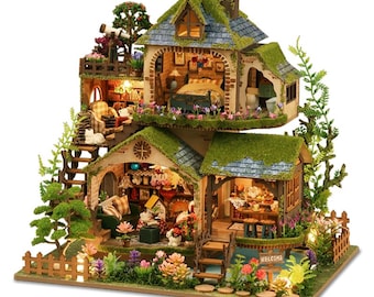 DIY Dollhouse Kit, Miniature Wooden Villa with Lights, Gift for Girls, Dollhouse, DIY Miniature Kit, Fairy Tale Decor