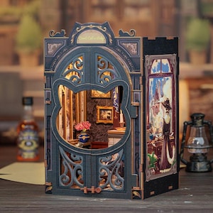 Kit coin livre, maison miniature à monter soi-même, cadeau serre-livres lumineux, coin livre de bibliothèque chat fantaisiste, kit miniature DIY, décoration fantastique