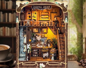 Wood Book Nook Kit, Caramel Dream Theme, Miniature Building, Miniature Bookshelf, Gift for Mom, Gift for Book Lover