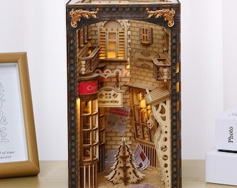 Wooden Book Nook Kit, Christmas Book Nook, DIY Miniature Kit, Magical Alley Decor, Lighted Bookends, Xmas Gift