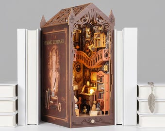 DIY Magic Library Book Nook Ki, Wooden Bookend Insert, 3D Miniature Model, Adult Craft Hobby, Wizard Study Decor