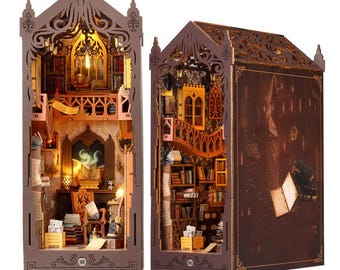 DIY Wooden Magic Library Book Nook Kit, Miniature Bookshelf Insert, Xmas Gift, Fantasy Decor, Lighted Bookends, Gift for Friends