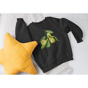 Lemon Fruit Branch Toddler Crew Neck Sweatshirt | Botanical Watercolor Print | Educational Kids Clothing
